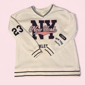 Forever 21 White V-Neck Sweater with Navy and Pink Accents